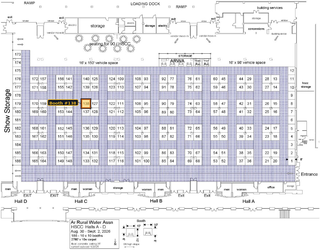 ARWA exhibit hall floor plan for Halls A through D, with booth 138 highlighted in gold