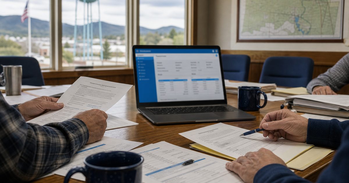 Rural water board table with contracts and a laptop for reviewing billing software