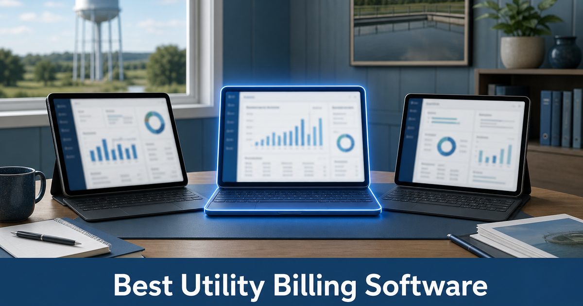 Three devices comparing utility billing software options on a desk