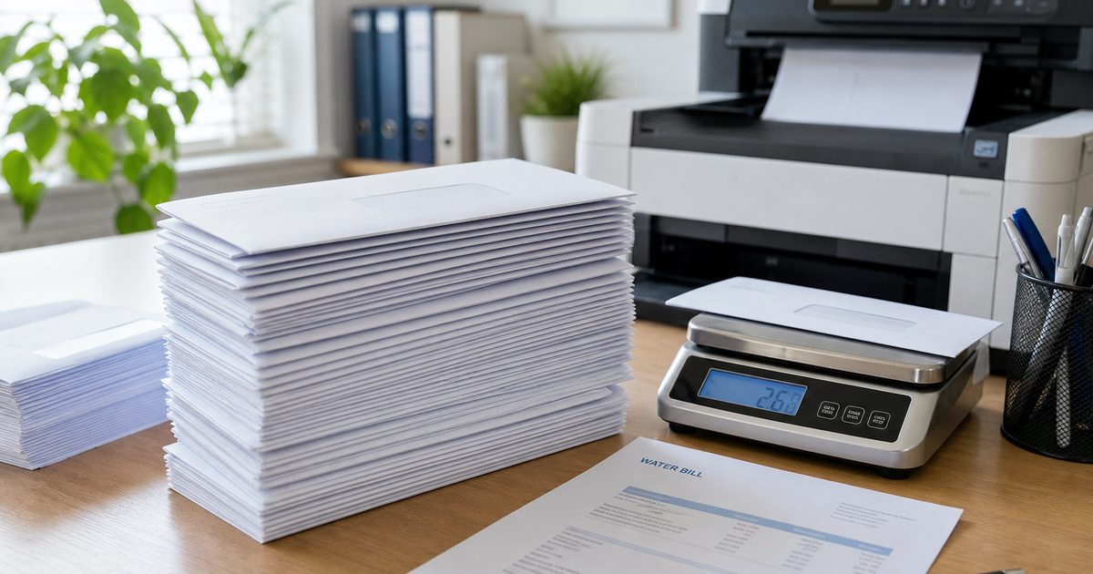 Stacks of sealed water bill envelopes ready for mailing beside a printer