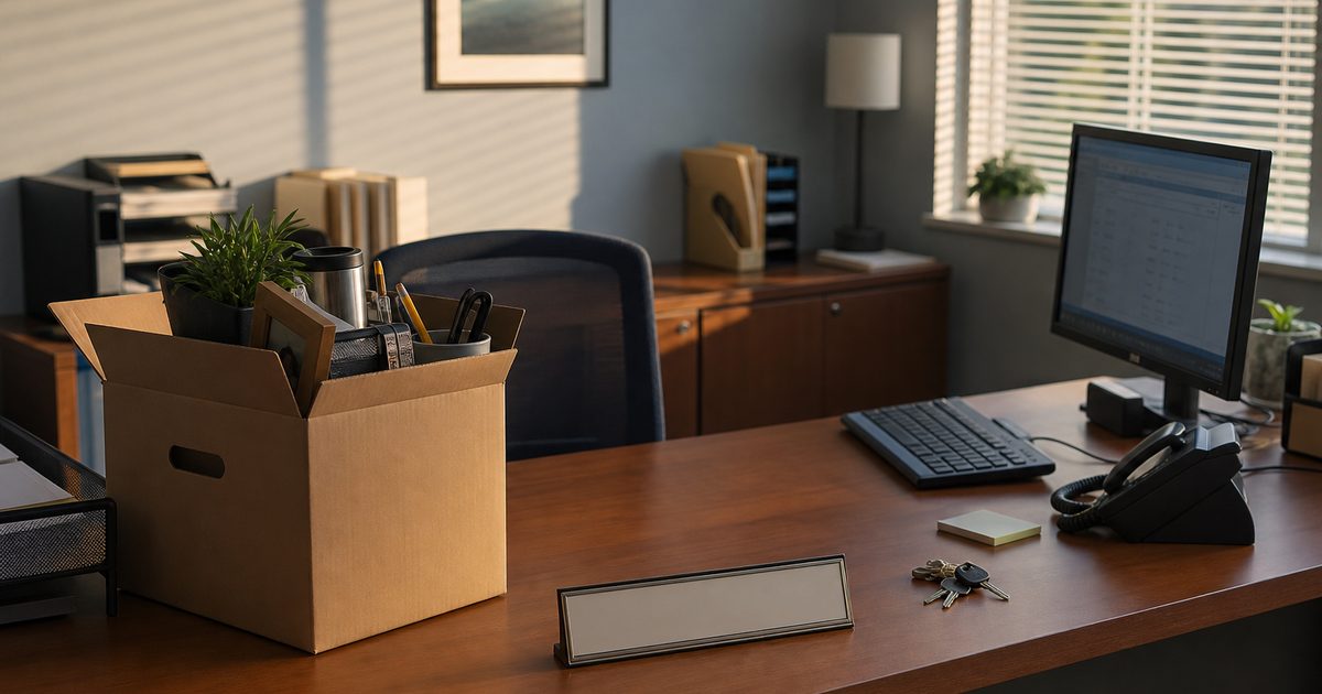 Empty billing clerk desk with a packed box and computer still on