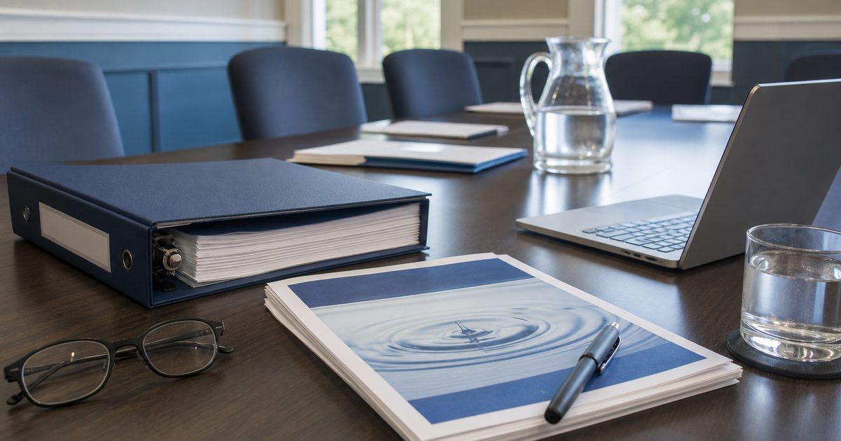 Policy binder and collections documents on a water board meeting table