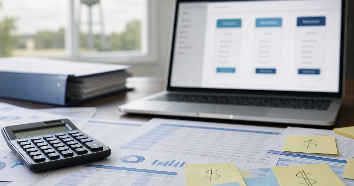 Budgeting desk with calculator, printouts, and a laptop comparing software pricing