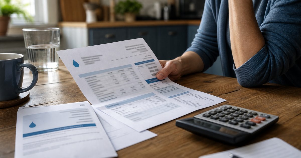 Household table with a water bill and calculator after an estimated read
