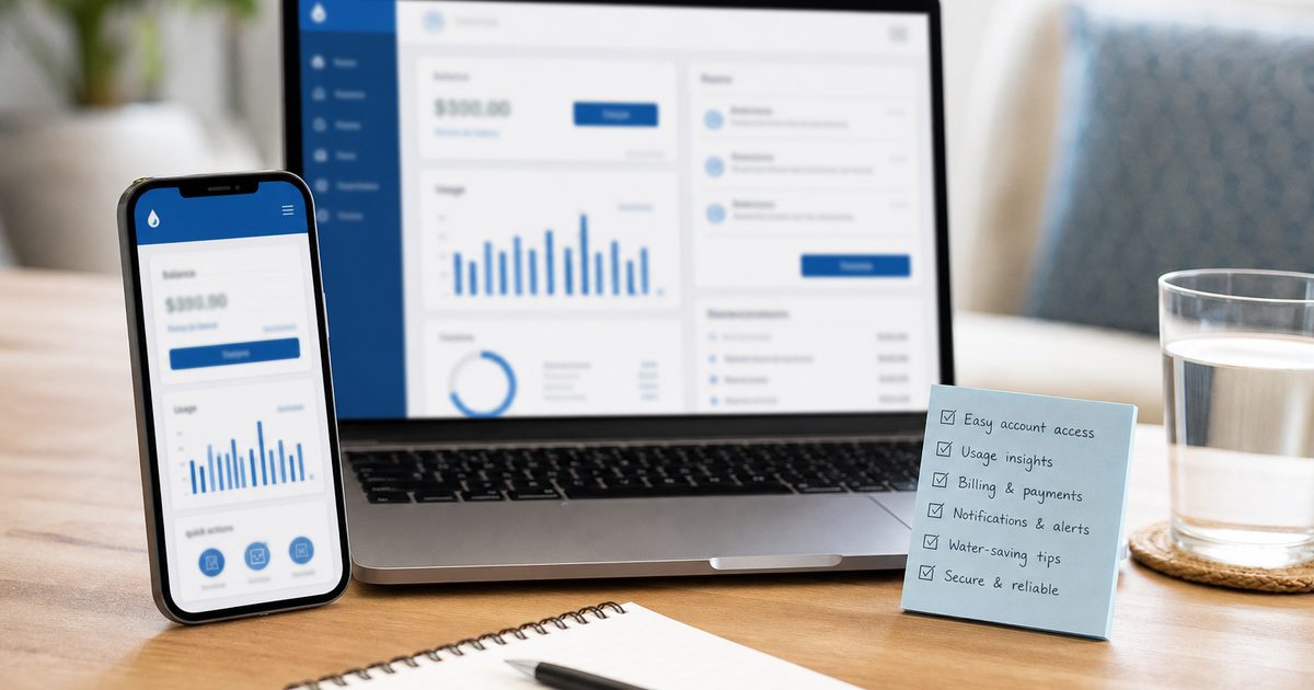 Phone and laptop showing a customer portal beside a checklist sticky note