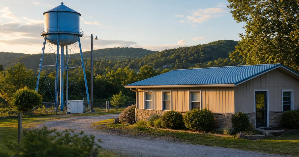Rural Arkansas hillside with a community water tank at golden hour