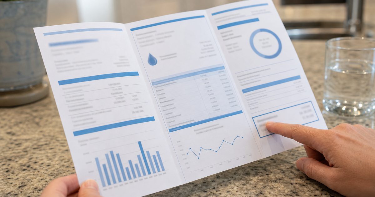 Close-up of a printed water bill with someone pointing at the amount due