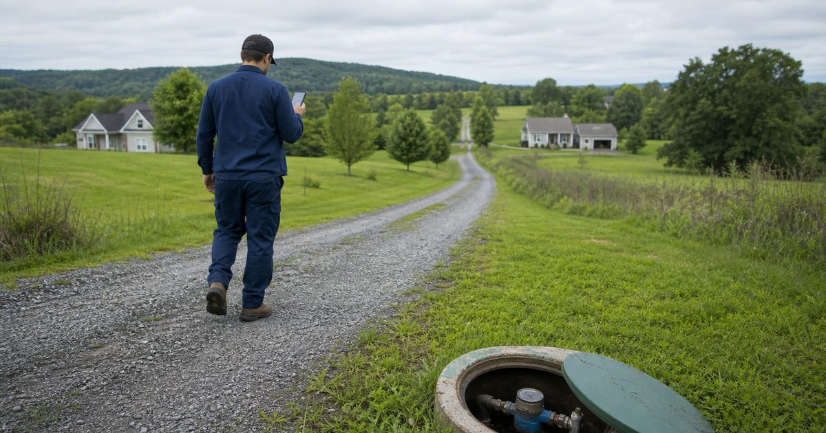 Meter reader on a rural driveway with a smartphone and meter pit