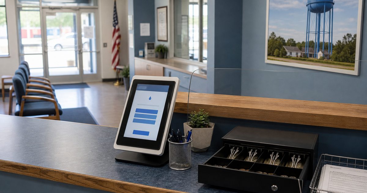 Municipal water office counter with a pay-online tablet and cash drawer