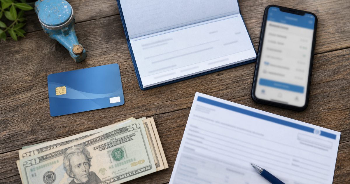 Flat lay of card, check, phone, cash, and bank form payment options