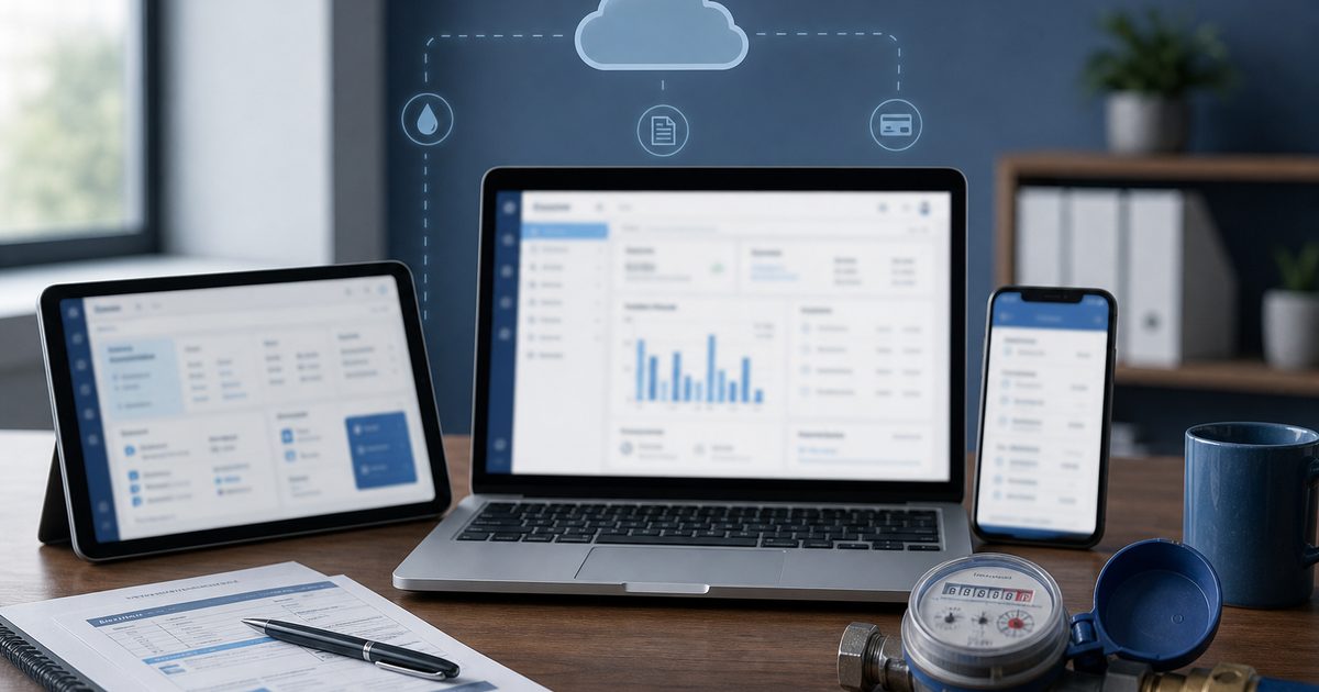Laptop, tablet, and phone connected as one online water billing system
