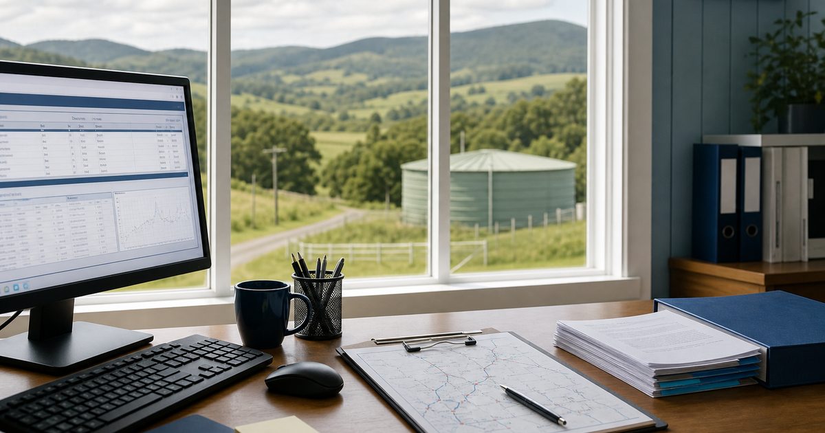 Rural water office desk with a billing computer overlooking the countryside