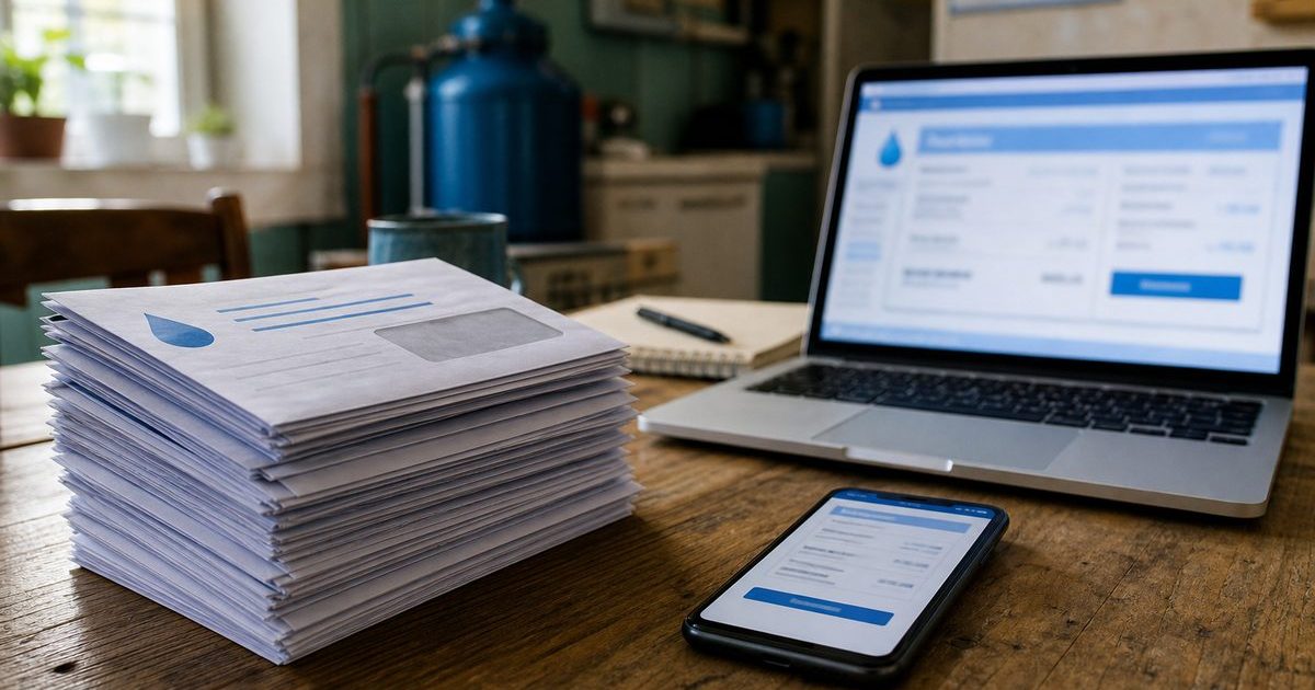 Paper bill envelopes beside devices for online pay