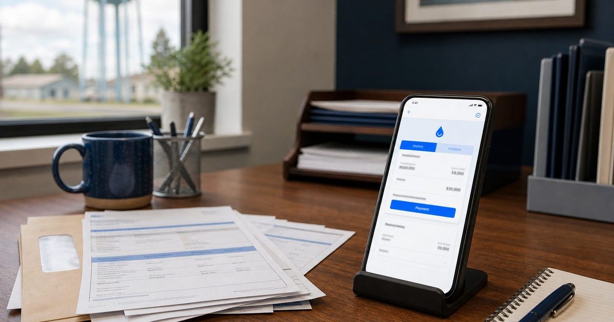 Paper water bills beside a phone payment portal
