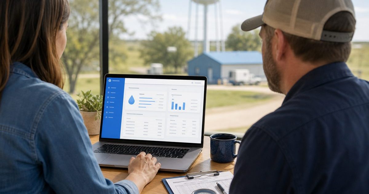 Water association staff reviewing online billing software on a laptop during onboarding