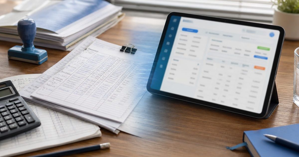 Handwritten meter sheets next to a digital tablet