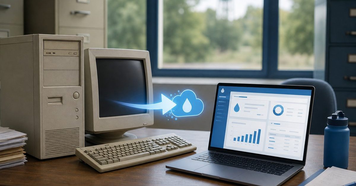 Legacy desktop billing next to modern cloud laptop
