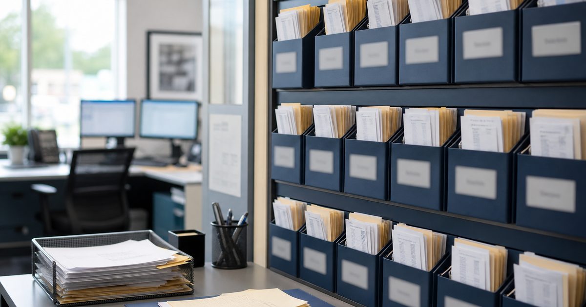 Organized utility administration office with account files and dual monitors