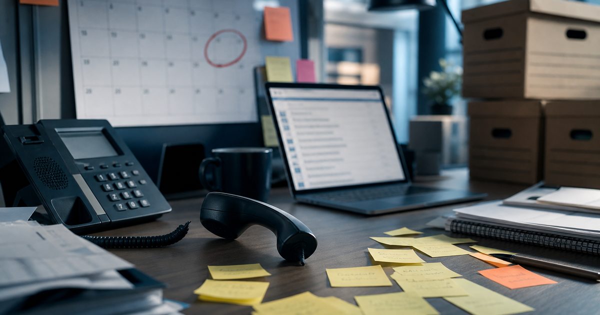 Urgent desk with calendar deadline, sticky notes, and archive boxes for a vendor change