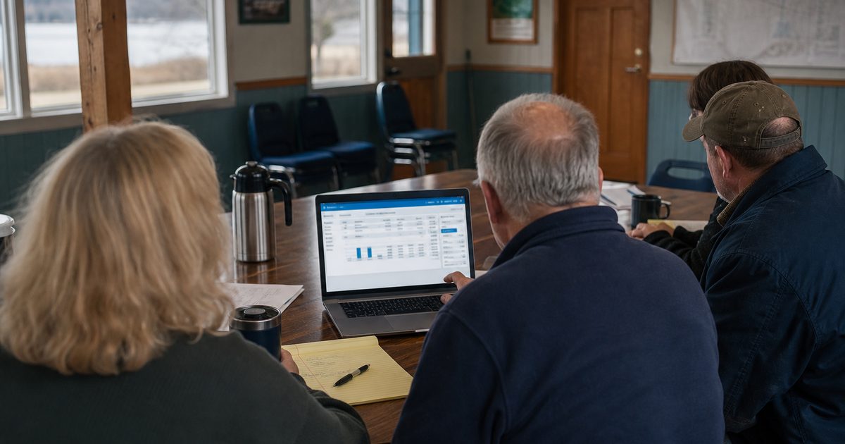 Volunteer board members reviewing billing software around a meeting table