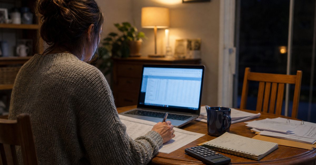 Volunteer treasurer working on billing at a kitchen table in the evening