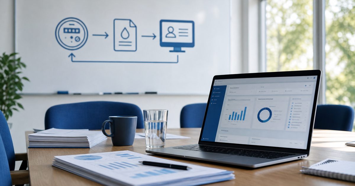 Community water office with a whiteboard workflow and open laptop