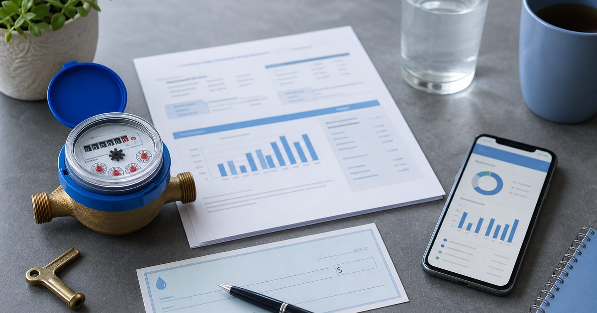 Still life of meter key, water bill, check, and phone portal on a desk