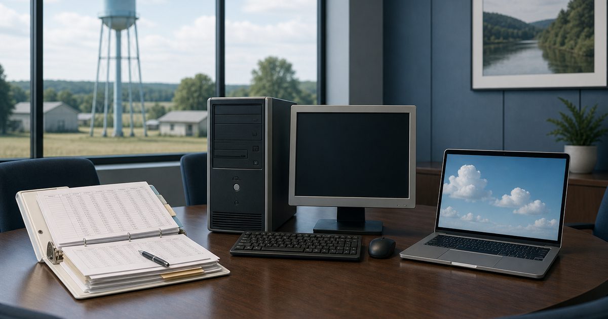 Spreadsheet binder, old desktop, and modern laptop as three billing software options