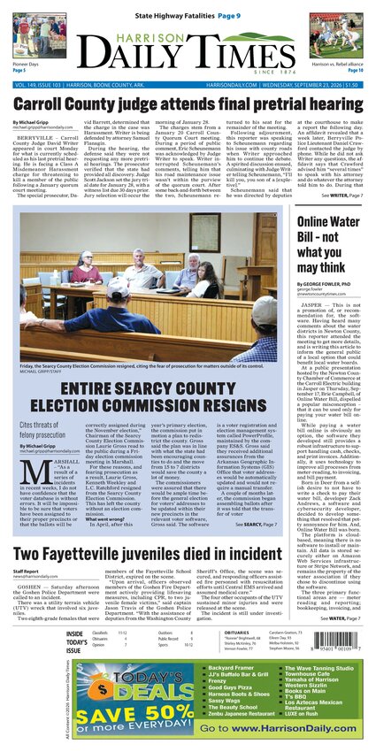 Harrison Daily Times front page, September 23, 2026, featuring Online Water Bill, not what you may think