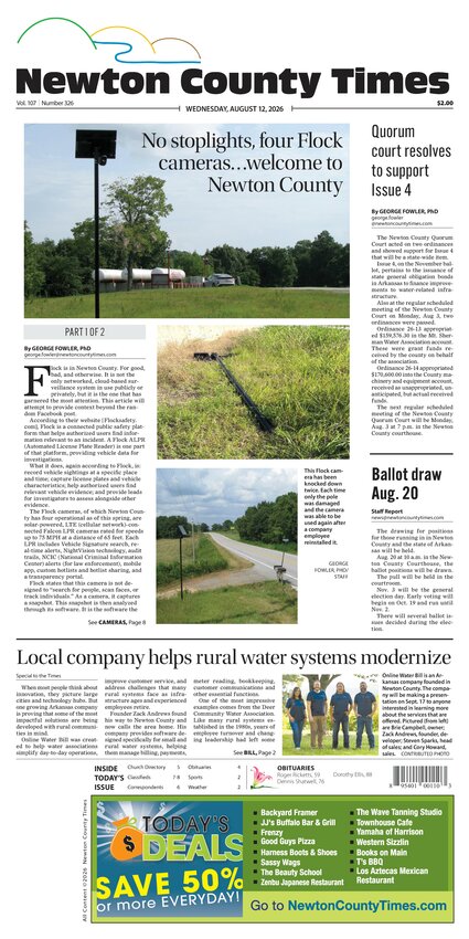 Newton County Times front page, August 12, 2026, featuring Local company helps rural water systems modernize
