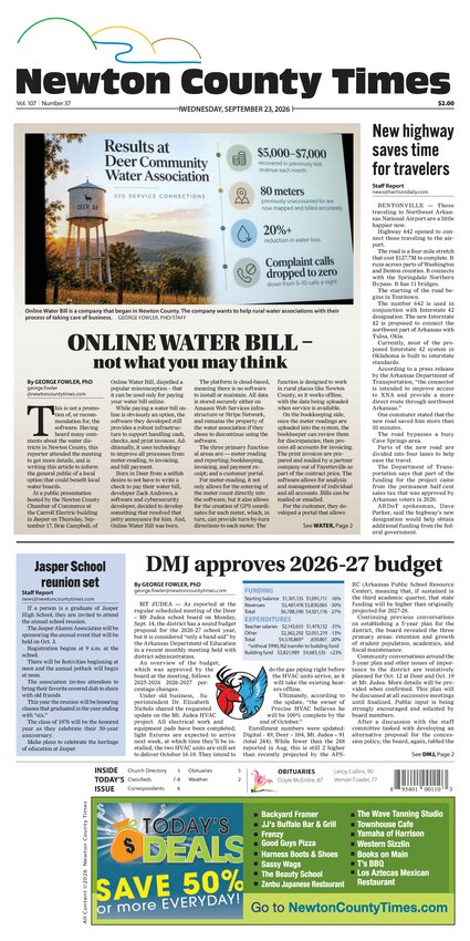 Newton County Times front page, September 23, 2026, featuring Online Water Bill, not what you may think