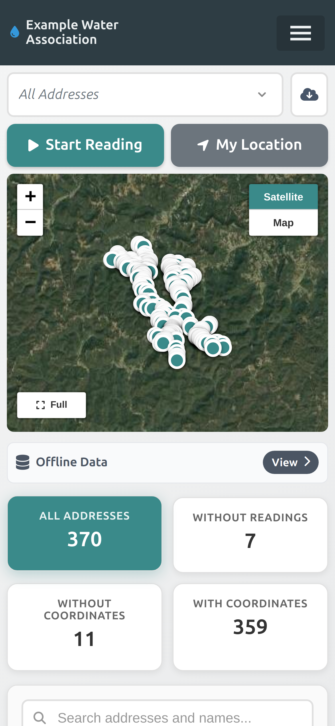 Meter reading app showing routes, a GPS map, and address stats
