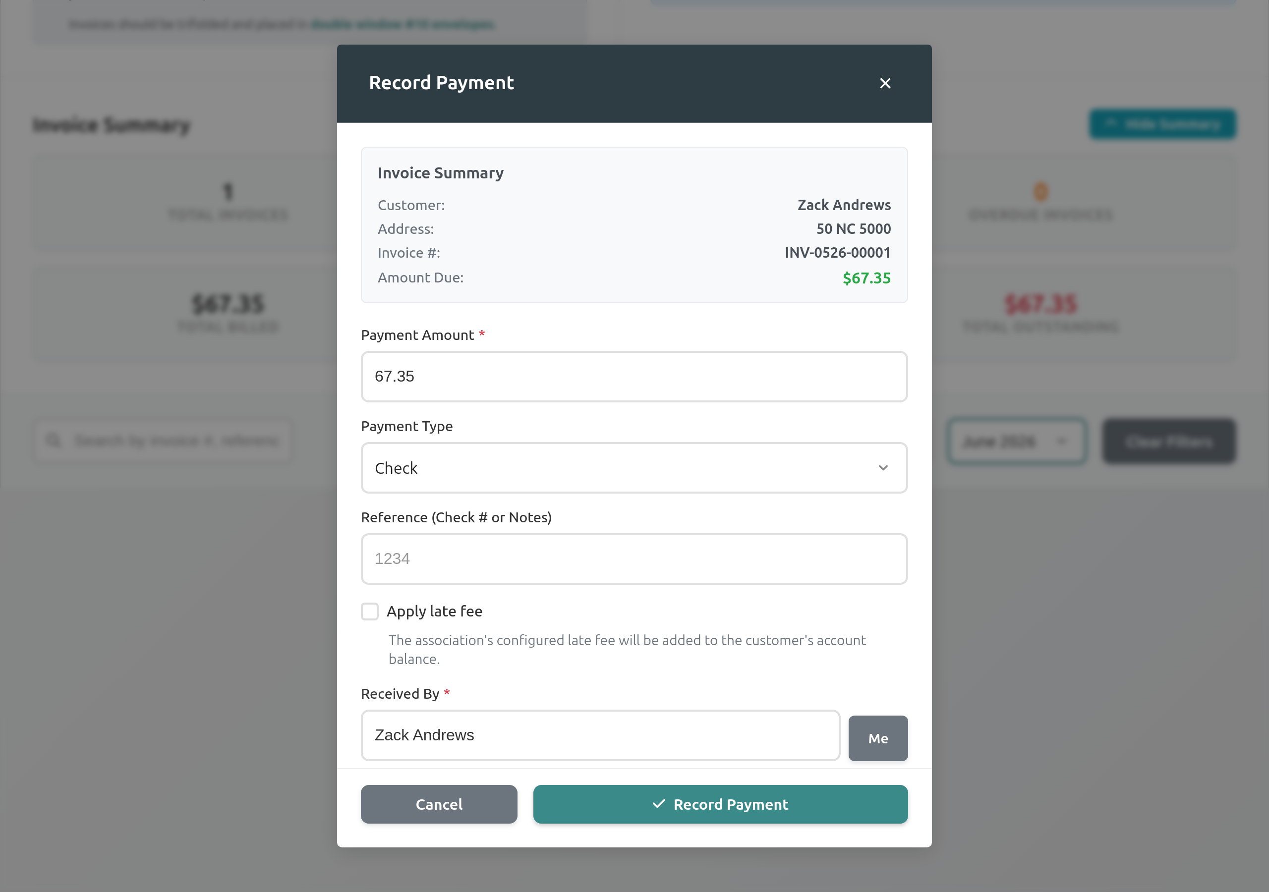 Record Payment modal in Invoice Management