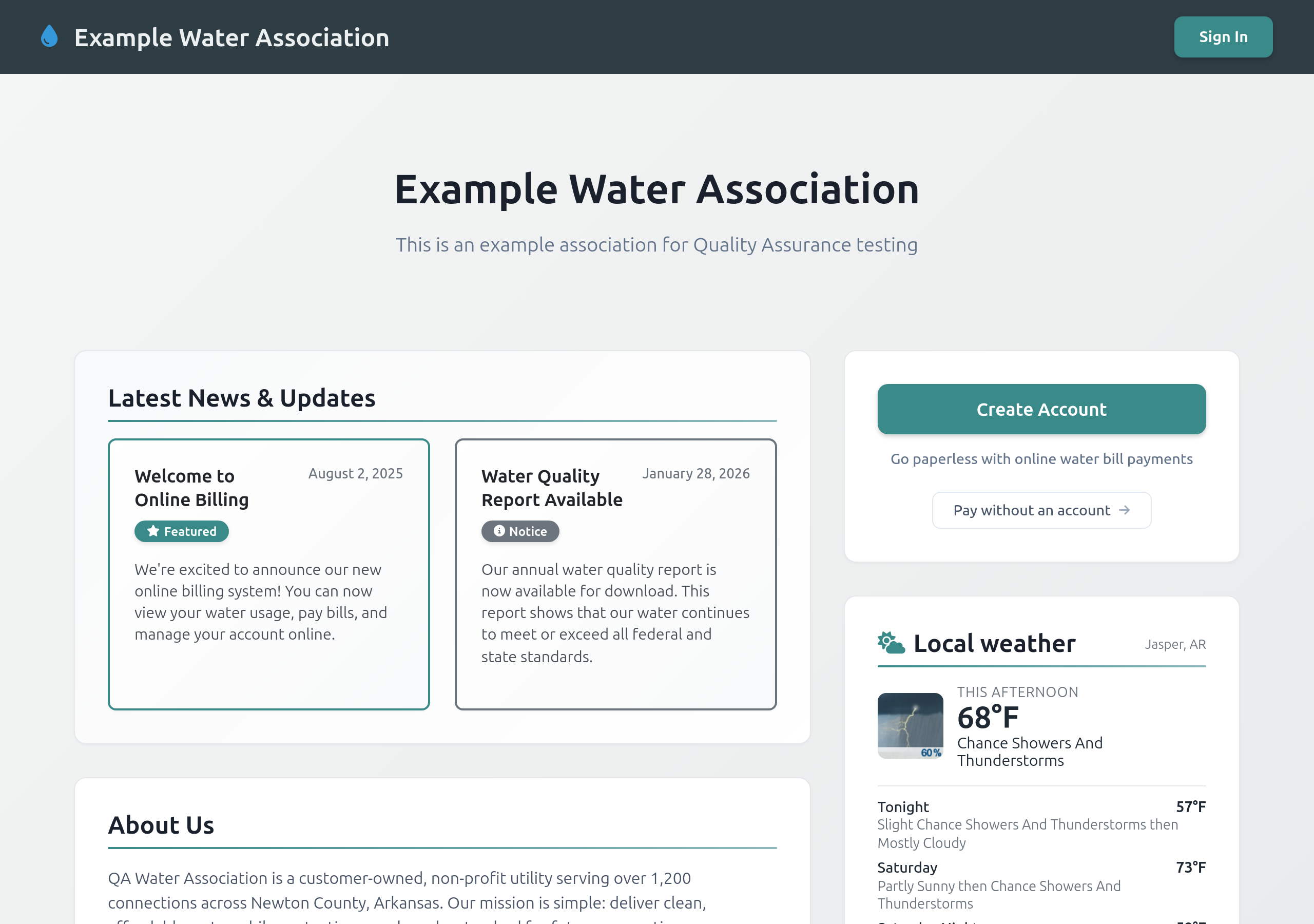 Example Water Association customer homepage on test.onlinewaterbill.com
